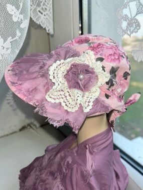 Floral Wide Brim Hat Pink Purple Lace Appliqués Shabby Chic Boho Women OS new